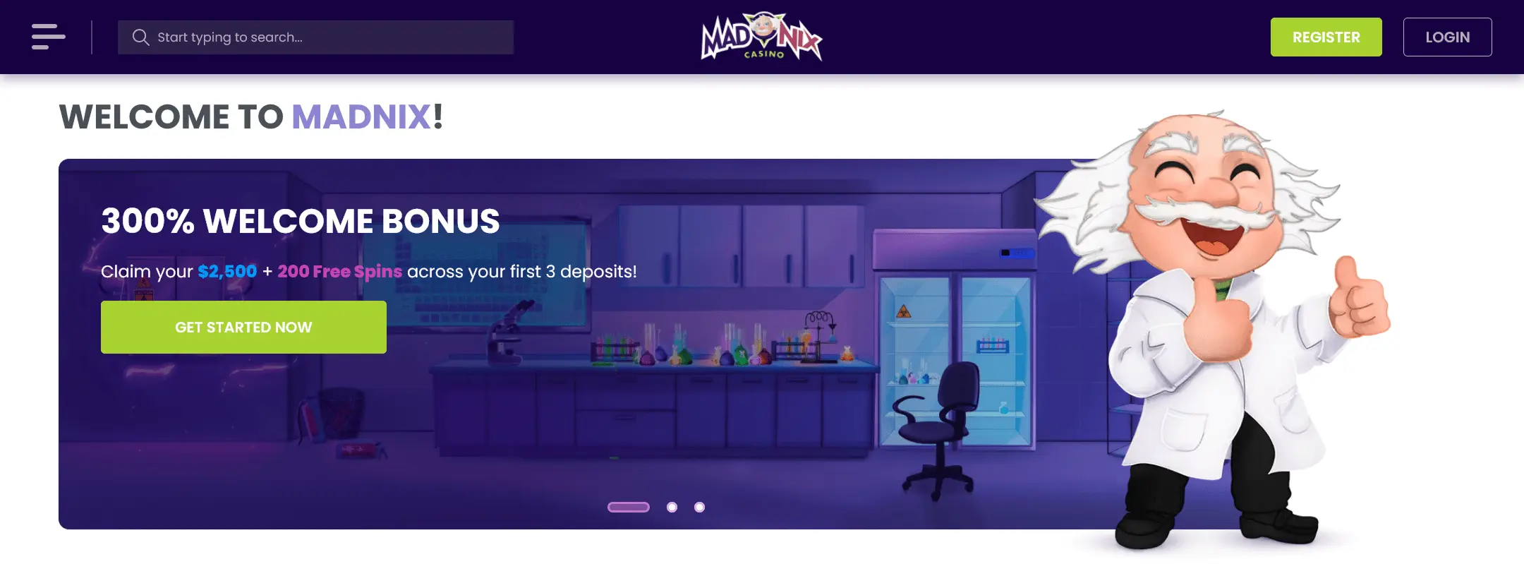 Madnix Casino - accueil avec Professeur Nix